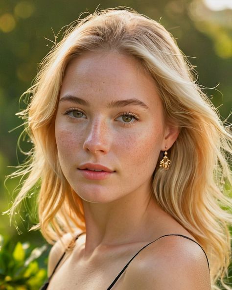 Ethereal Embrace: Serenity Unfolding in Soft Light Prompt: Radiating an aura of tranquility, this portrait captures a young woman with a serene expression, her gentle gaze locking directly with the camera. Her light, sun-kissed skin is dusted with delicate freckles across the apples of her cheeks and the bridge of her nose, lending an understated warmth. Soft, golden blonde tresses frame her face, the effortless waves falling naturally around her shoulders. She dons a simple yet elegant bla... Soft Light Portrait, Soft Portrait, Facial Shapes, Effortless Waves, Soft Features, Light Sun, Blonde Model, Light Eyes, Golden Blonde