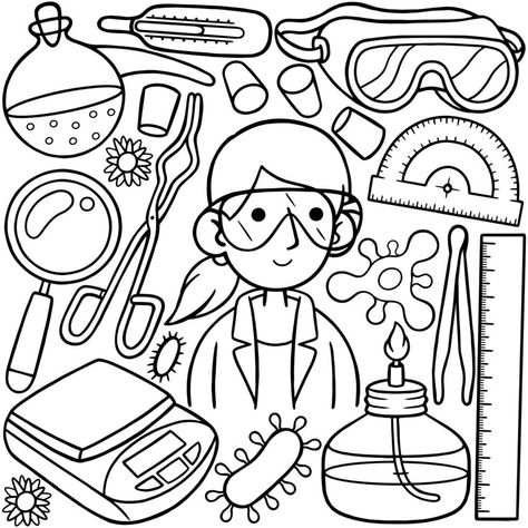 a line art drawing of a scientist with various items including a science equipment. Woman Scientist, Graphic Advertisement, Doodle Line Art, Kawaii Doodle, Science Equipment, Women Scientists, Line Art Drawing, Line Art Vector, Bright Ideas