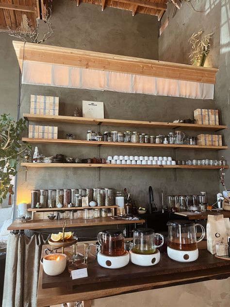 Cafe Tea Aesthetic, Tea Bar Aesthetic, Tea Lounge Design Interior, Tea Cafe Aesthetic, Coffee Store Aesthetic, Cozy Tea Shop, Earthy Boutique, Teahouse Aesthetic, Sage Green Cafe Aesthetic