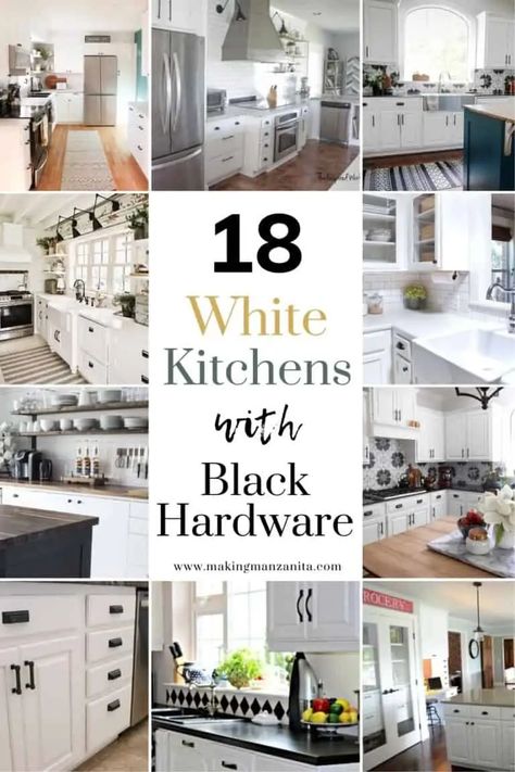 The white kitchen black hardware combination is popular for a reason! It is gorgeous. If you love a kitchen with white cabinets, you definitely need to pull in some black hardware for a good contrast. Get inspired with these 18 kitchens! Kitchens With Black Hardware, White Kitchen Black Hardware, Kitchen Black Hardware, Black Kitchen Knobs, White Cabinets Black Countertops, Kitchen Cabinets Knobs And Pulls, White Kitchen Makeover, Modern Farmhouse Kitchen Cabinets, Gorgeous White Kitchen