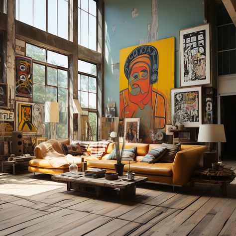 A visually stunning Eclectic Artist's Loft featuring a blend of boho and modern design elements, tailored to inspire and captivate the artist in you. Industrial Artist Loft, Artist Loft Apartment, Boho Loft Apartment, Nyc Loft Apartment, Artists Homes, Artists Loft, Manifest 2024, Eclectic Loft, Warehouse Living