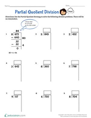 Partial quotient division is a great way for students to start breaking down how division works. This worksheet introduces the partial quotients strategy as an efficient and useful math tool for practicing division with one-digit divisors and building knowledge of division facts. Including a problem set that asks students to show their work, this worksheet fits well into a fourth-grade curriculum. #educationdotcom Partial Quotient, Partial Quotient Division, Divisibility Rules Worksheet, Division Worksheets Grade 4, Partial Quotients, Area Model Multiplication, Division Practice, Dividing Fractions, 4th Grade Math Worksheets