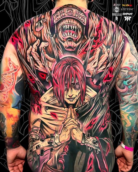 Naruto Neck Tattoo, Pain Naruto Tatoos Ideas, Naruto Back Tattoo, Pain Tatoos Ideas Naruto, Naruto Tattoo Ideas Design, Anime Sleeve Tattoo, Akatsuki Tattoo, Tato Naruto, Shen Long Tattoo