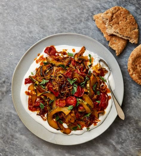 Meera Sodha's vegan recipe for slow-cooked marrow borani | Vegan food and drink | The Guardian Marrow Recipe, Roast Tomatoes, Meera Sodha, Summer Squash Recipes, Iranian Recipes, Moroccan Food, Persian Food, Squash Recipes, Vegan Recipe