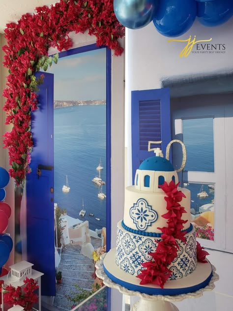 Greek Themed 50th Birthday, Santorini Cake Ideas, Greek Quinceanera Theme, Santorini Party Decorations, Greece Inspired Party, Greece Themed Birthday Party, Greece Theme Decor, Santorini Birthday Theme, Santorini Themed Wedding