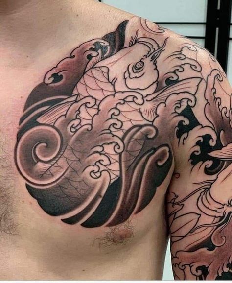 Fish Tattoo Japanese, Chest Tattoo Japanese, Dragon Koi Tattoo Design, Nautical Tattoo Sleeve, Japanese Koi Fish Tattoo, Koi Tattoo Sleeve, Dragon Tattoo Sketch, Koi Tattoo Design, Geometric Mandala Tattoo