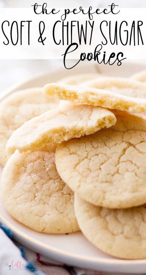 These soft and chewy sugar cookies are the perfect recipe. It's a no chill dough made with vanilla and almond. It's the best Christmas cookie recipe! An A Latte Food favorite! Easy Sugar Cookie Frosting, Sugar Cookie Recipe No Chill, Soft And Chewy Sugar Cookies, Sugar Cookie Recipes, Sugar Cookie Dough Recipe, Chewy Sugar Cookie Recipe, Drop Sugar Cookies, Simple Cookie, Butter Sugar Cookies