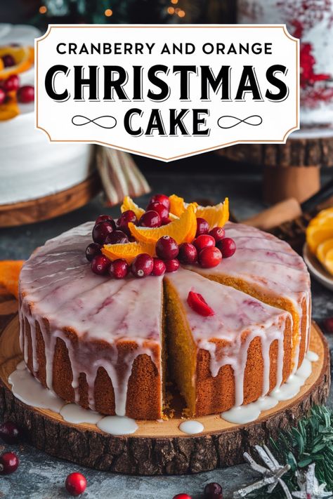 Cranberry and orange Christmas cake with white icing and fruit garnish. Christmas Desserts Cranberry Orange, Christmas Orange Cake, Orange Christmas Cake, Orange And Cranberry, Cranberry Orange Cake, Christmas Cake Recipe, Cranberry Cake, Orange Cake Recipe, Orange Christmas