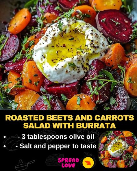 Roasted Beets and Carrots Salad with Burrata Roasted Beets And Vegetables, Roasted Beets And Carrots Salad With Burrata, Beets And Burrata Salad, Roasted Beet And Burrata Salad, Roasted Beets And Carrots With Burrata, Roast Beetroot Salad, Fall Beet Recipe, Beet And Burrata Salad, Carrot Beet Salad