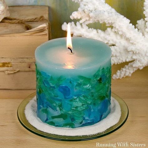 Make a gorgeous DIY Sea Glass Candle! We’ll show you how to wick the mold, melt the wax and add the sea glass to make a beautiful embedded candle! Sea Glass Candles, Sea Glass Diy, Expensive Candles, Diy Candle Making Kit, Diy Candles Homemade, Hand Dipped Candles, Glass Candles, Making Candles Diy, Candle Kits