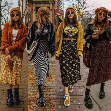 Grown Up Grunge Outfits, 2023 70s Style, Outfit Ideas With Skirts Fall, Mismatch Shoes Outfit, Cute Fall Outfits Alternative, Fall Outfit Grunge Aesthetic, Midi Skirt Grunge Outfit, Cool Fall Outfits 2023, Dr Martens Midi Skirt