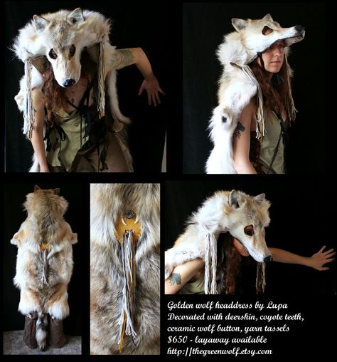 Wolf Headdress, Golden Wolf, Wolf Costume, Wolf Mask, Vulture Culture, Wolf Head, Mountain Man, Ceramic Pendant, Animal Skin