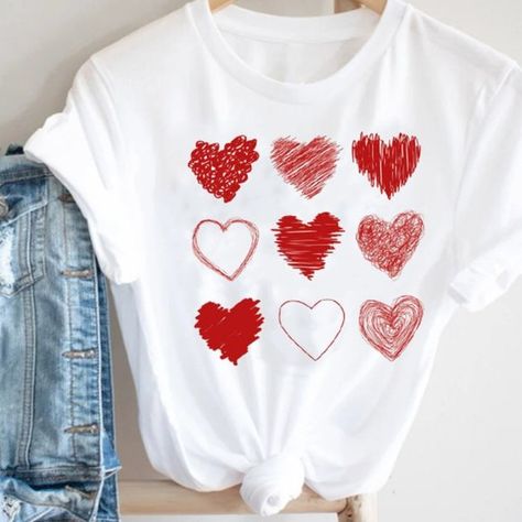 Casual Red T-shirt With Heart Graphic, White Heart-shaped T-shirt For Spring, Casual White Tops With Heart Graphic, Casual White Top With Heart Graphic, White Heart Print T-shirt For Summer, White Tops With Heart Graphic For Spring, White Heart Print T-shirt For Spring, Summer Heart Print T-shirt, Trendy Valentine's Day Graphic Print Tops