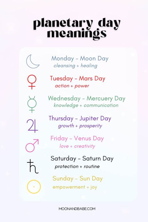 The Magic of the Days of the Week: Guide to Working with Planetary Days Days Of The Week Correspondences, Planetary Days Of The Week, Days Of The Week Magic, Days Of The Week Witchcraft, Spell Timing, Planetary Days, Themed Days Of The Week, Daily Witchcraft, Planetary Magick