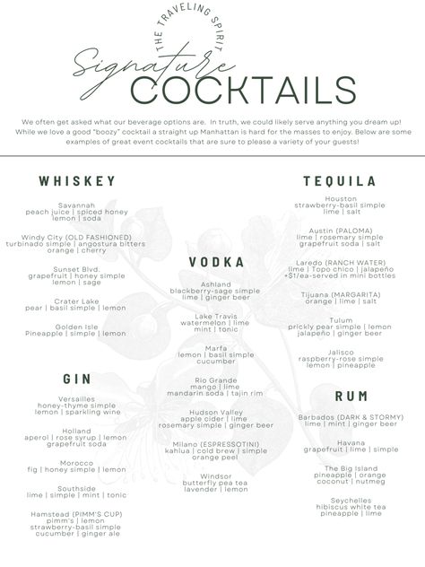 Cocktail Menu- The Traveling Spirit Mobile Bar Mixed Drinks Alcohol Recipes, Cocktail Bar Design, Mobile Bar Cart, Event Venue Design, Mobile Cocktail Bar, Mobile Coffee Shop, Travel Bar, Wedding Drinks, Event Bar