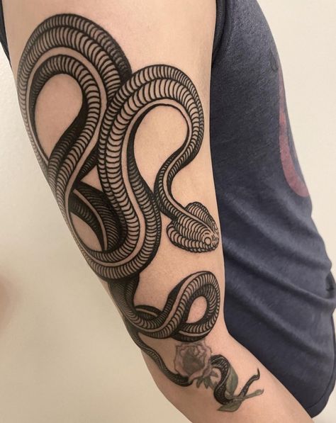 Snake Etching, Los Angeles Tattoo, Woodcut Tattoo, Tattoo Snake, Engraving Tattoo, Snake Tattoo, Old Rose, August 21, Tattoo Inspo