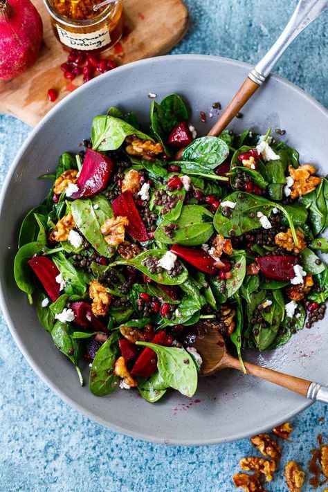 Red Beets Salad, Beet And Goat Cheese Salad, Beet Goat Cheese Salad, Crumbled Goat Cheese, Pomegranate Dressing, Salad With Pomegranate, French Green Lentils, Beet And Goat Cheese, Salad Diet