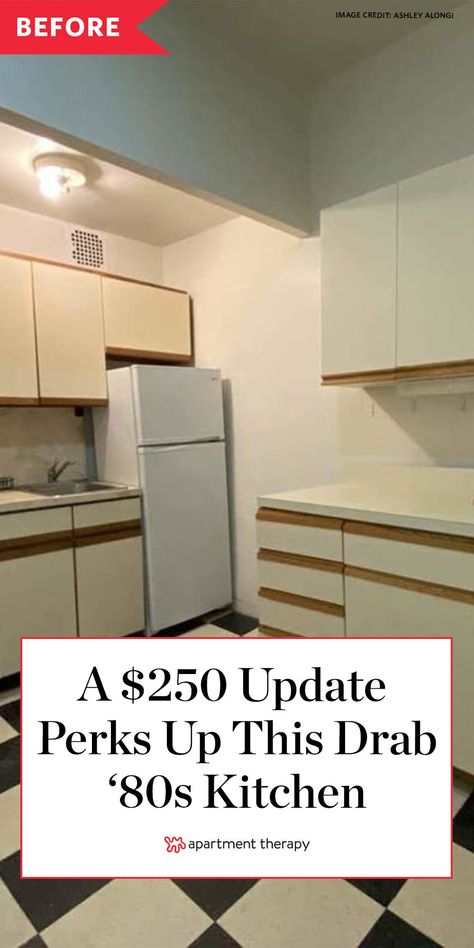 Before and After: A $250 update perks up this drab 1980s kitchen. #kitchenmakeover #kitchendecor #kitchenideas #80s #makeover #homeprojects #homeupgrades Apartment Kitchen Rental Makeover, Tiny Kitchen Makeover Before After, Kitchen Cabinets Trim Moldings, Peel And Stick Cabinet Covers Before And After, Antique Kitchen Design, Condo Before And After, 1980s Bathroom Makeover, Paint Kitchen Cabinets Before And After, Apartment Cabinet Makeover Rental