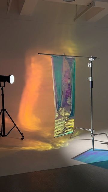 Holographic Photoshoot, Mylar Photoshoot, Projection Photoshoot, Iridescent Lighting, Photoshoot Lights, Studio Lighting Setups, Photography Studio Setup, Holographic Paper, Light Shoot