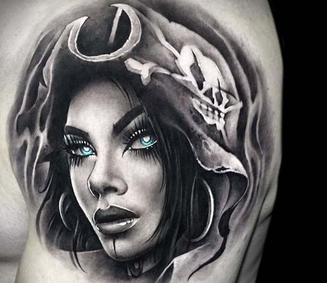 2 colors realistic tattoo style of pirate chick motive done by artist Khail Tattooer | Post 21680 | World Tattoo Gallery - Best place to Tattoo Arts Pirate Tattoo Sleeve, Pirates Tattoo, Chick Tattoo, Pirate Girl Tattoos, Pirate Ship Tattoos, Ink Master Tattoos, Faces Design, Pin Up Girl Tattoo, Skull Girl Tattoo