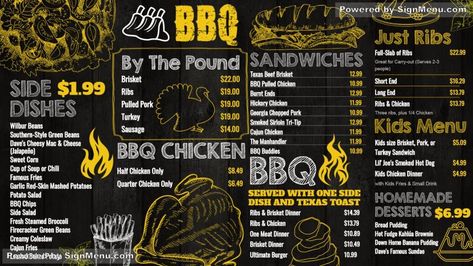 BBQ Chalk #menu for #digitalsignage for #restaurant. Bbq Menu Design, Bbq Restaurant Design, Menu For Restaurant, Chalk Menu, Bbq Food Truck, Bbq Shop, Food Truck Menu, Digital Menu Boards, Bbq Catering