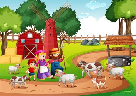 Premium Vector | Set of farmers or agricultural workers planting crops, gathering harvest, collecting apples, feeding farm animals, carrying fruits, working on tractor. Farm With Animals, Farm Vector, Cow Illustration, Doodle Characters, Happy Cow, Farm Nursery, Farm Scene, Three Little Pigs, Farm Theme