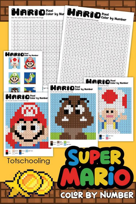 Mario Math Worksheets, Bowser Color By Number, Mario School Activities, Mario Math Activities, Video Game Printables Free, Super Mario Theme Games, Mario Theme Activities, Video Game Art Projects, Super Mario Worksheets Free Printables