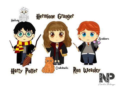 Dibujos Harry Potter, Chibi Harry Potter, Graphic Inspiration, Ron Weasley, Hermione Granger, Hermione, Decoupage, Harry Potter, Branding