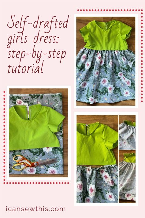 How to draft and sew a cute gathered dress for girls in 10 simple steps. Easy stepy-by-step tutorial. To make your dress any size you want you only need a t-shirt that fits to trace the pattern. #DIY #easy #sewingideas Tshirt Dress Diy, Make Your Own Buttons, Cute Sewing Projects, How To Make Skirt, Beginner Sewing, Gathered Dress, Pattern Sewing, Easy Sewing Patterns, Tee Shirt Dress