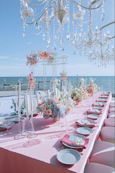 Ocean Wedding Theme, Beach Wedding Pink, Pastel Beach, Pastel Theme, Sea Wedding, Ocean Wedding, Pink Ocean, Dream Wedding Venues, Pink Wedding