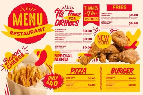 Menu Fast Food Design, Fast Food Menu Design Ideas, Fried Chicken Menu Design, Fast Food Menu Design, Chicken Fast Food, Menu Design Layout, Menu Burger, Mexican Food Dishes, Menu Design Inspiration