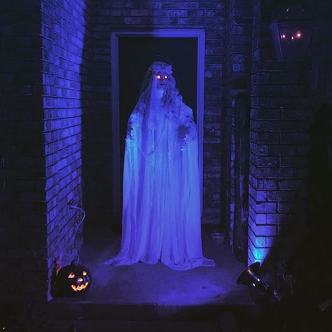 Halloween 2019. Bought a lifesize ghost lady prop and shined a blue LED light on her. You could see her all the way down the street. Ghost Lady, Girls Are Awesome, Ghost Girl, Yard Party, Creepy Halloween Decorations, Photo Backdrops, Blue Led Lights, Professional Decor, Girl Halloween