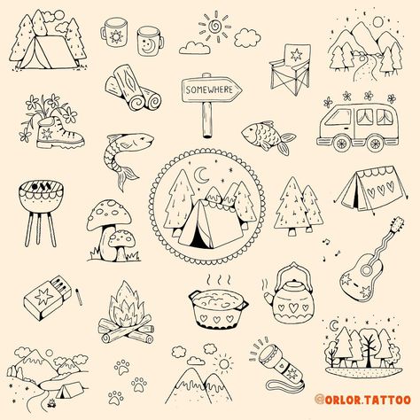 calling all happy campers 🏕️ and anyone that likes trees, mountains, or cute mushroom tattoos 🙃 camping flash now available woooo. I absolutely love going away in our campervan so I just had to do a camping themed flash now we are able to start going again 😅 all available for handpoke. as always I do deals when you book multiple designs in a session! use the link on my page for my booking form or just message me to enquire! can’t wait to tattoo these 🏔️ 🌲 ⛺️🍄🐟🪵🐾🌞🌳 @harmlesstattoo Braintre... Camping Flash Tattoo, Cute Camping Tattoos, Happy Camper Tattoo, Tattoo Ideas Camping, Tiny Camping Tattoo, Matching Camping Tattoo, Camping Tattoo Ideas Simple, Summer Camp Tattoo Ideas, Mountain Themed Tattoos