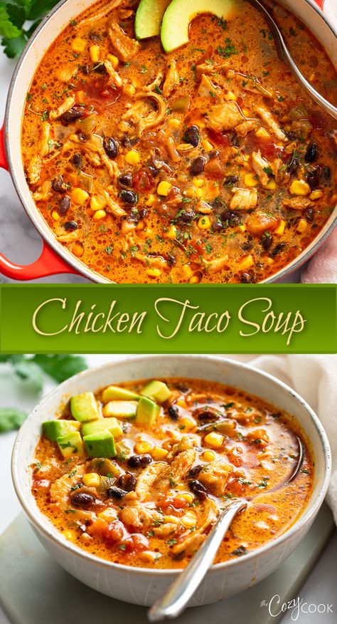 chicken taco soup with beans, shredded chicken, corn, tomatoes, and avocado. Easy Comfort Soup, Chicken Taco Soup With Beer, Spicy Creamy Chicken Soup, Soup Hearty Comfort Foods, Mexican Chicken Chowder Soup, Mexican Chicken Taco Soup, Spicy Mexican Chicken Soup, Quick Soups For Dinner Healthy, Easy Soup With Chicken Broth