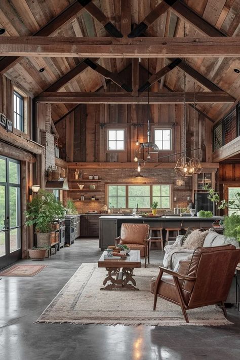 17 Awesome Man Cave Pole Barn Ideas (2024) Wood Man Cave Ideas, All Wood Cabin Interior, Barn Walls Ideas, Pole Barn Apartment, Post And Beam Homes Interior, Mountain Lodge Interior Design, Farm Barn Ideas, Party Barn Ideas, Barn To House Conversion