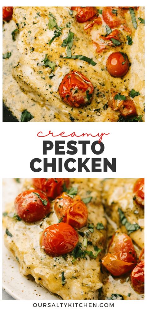 Garlic Pesto Sauce, Sauce With Cherry Tomatoes, Pesto Chicken Recipe, Pesto Cream Sauce, Pesto Chicken Breast, Creamy Pesto Chicken, Boneless Skinless Chicken Breast Recipes, Chicken With Tomatoes, Skinless Chicken Breast Recipes