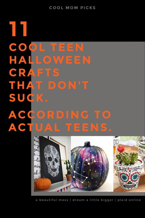 We searched Pinterest for cool teen Halloween crafts and frankly, our teens were not impressed. So we made our own list! Guaranteed teen-approved, from pumpkin decorating, to painting projects, to easy kitchen Halloween crafts. | Cool Mom Picks | Halloween DIY projects | Halloween crafts for teens | Pumpkin carving | Halloween jewelry| Sugar skull crafts | Adult coloring pages Halloween Craft For Teenager, Halloween Craft Teens, Fall Crafts For Teens Diy, Halloween Craft For Middle School, Halloween Crafts For Preteens, Halloween Crafts For Kids 10-12, Middle School Halloween Crafts, Halloween Crafts For Teenagers, Teen Fall Crafts