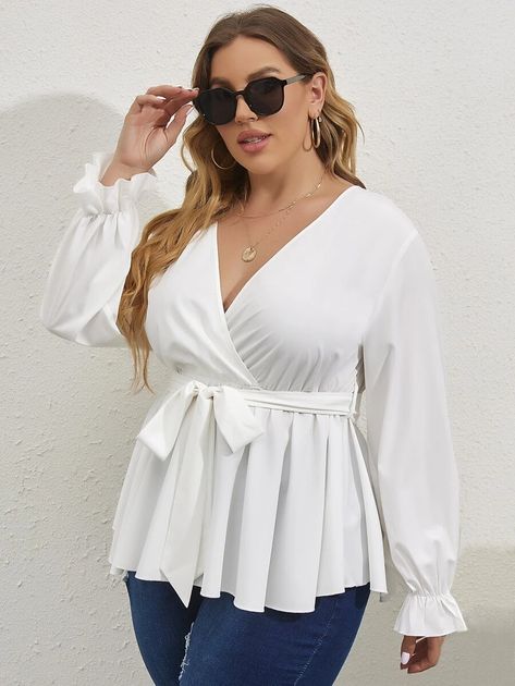 Plus Surplice Neck Flounce Sleeve Belted Peplum Blouse | SHEIN USA Simple Chiffon Top Styles, White Peplum Top Outfit, Chiffon Top Styles, Peplum Wrap Top, White Peplum Top, Ruffle Hem Blouse, Plus Size Peplum, White Peplum Tops, White Peplum