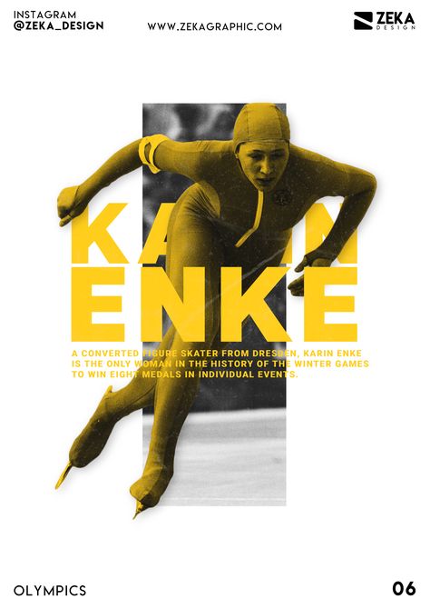 Karin Enke German Athlete Poster Design Art from Olympic Poster Design Series by Zeka Design, check the link to see Minimalist Graphic design inspiration and the full poster art series! Creative design using Adobe Photoshop and Digital Collage Technique to create this editorial design inspiration series dedicated to some of the most iconic athletes from Olympic Games in history! Minimalist Art #design #art #graphic #sport Minimalist Graphic Design Inspiration, Athlete Poster, Olympics Poster, Basketball Flyer, Minimalist Poster Design, Sports Design Ideas, Minimalist Graphic Design, Text Poster, Sports Design Inspiration