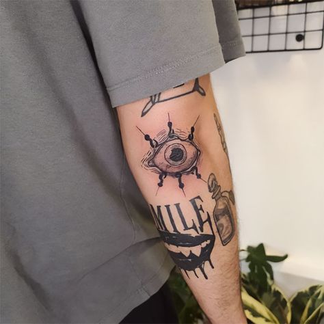 Eye Tattoo On Elbow, Eye On Elbow Tattoo, Anime Elbow Tattoo, Eye Tattoo Elbow, Eye Elbow Tattoo, Evil Within Art, Eyes Tattoo Design, Fancy Tattoo, Eye Tattoo Design