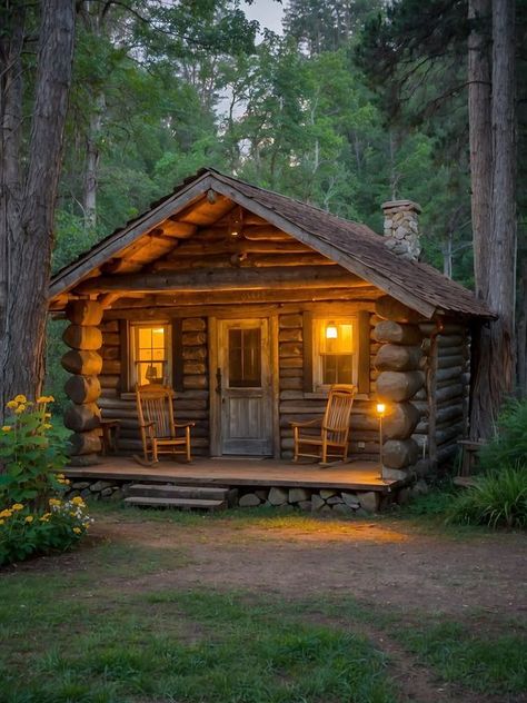 Small Cabin Cottage, Tiny Cottage In The Woods, Log Cabin Mountains, Tiny House Log Cabin, Shed Cabin Interior, Mini Houses Tiny Homes, Log Cabin Aesthetic, Log Cabin Front Porch, Log Cabin Homes Small