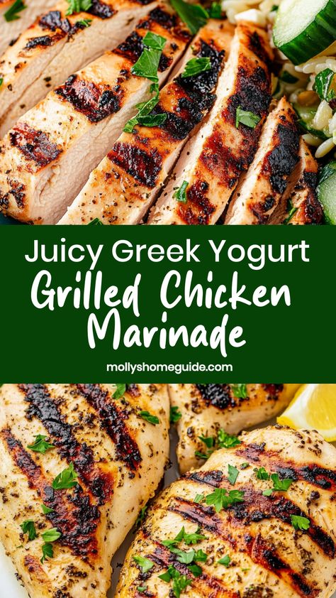 Looking for a delicious and easy marinade recipe for your grilled chicken? Try this flavorful Greek yogurt marinade that will take your chicken to the next level! This marinade is made with simple ingredients like Greek yogurt, lemon juice, garlic, and herbs, creating a tender and juicy chicken dish. Whether you're grilling up dinner for your family or hosting a summer barbecue, this Greek yogurt grilled chicken marinade is sure to impress. Meals With Greek Yogurt, Greek Chicken With Yogurt Marinade, Chicken Yogurt Recipes, Chicken Greek Yogurt Recipe, Greek Style Chicken Breast, Yogurt Chicken Marinade, Grilled Greek Chicken Marinade, Grilled Chicken Recipes Marinade, Greek Crockpot Recipes