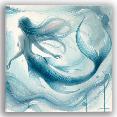 Immerse yourself in the magical world of the ocean with the Graceful Mermaid Wrapped Canvas Wall Art. This stunning piece features a beautiful mermaid swimming gracefully through serene blue waters, creating a peaceful and enchanting scene. Perfect for adding a touch of whimsy and marine beauty to any room, this ready-to-hang canvas is made to order in the USA, ensuring exceptional quality and detail. Highland Dunes Overall Size: 12" H x 12" W | Highland Dunes Graceful Mermaid Wrapped Canvas Wal Mermaid Canvas, Mermaid Room, Watercolor Mermaid, Mermaid Swimming, Mermaid Painting, Flowing Water, Blue Home Decor, Beautiful Mermaids, Mermaid Art