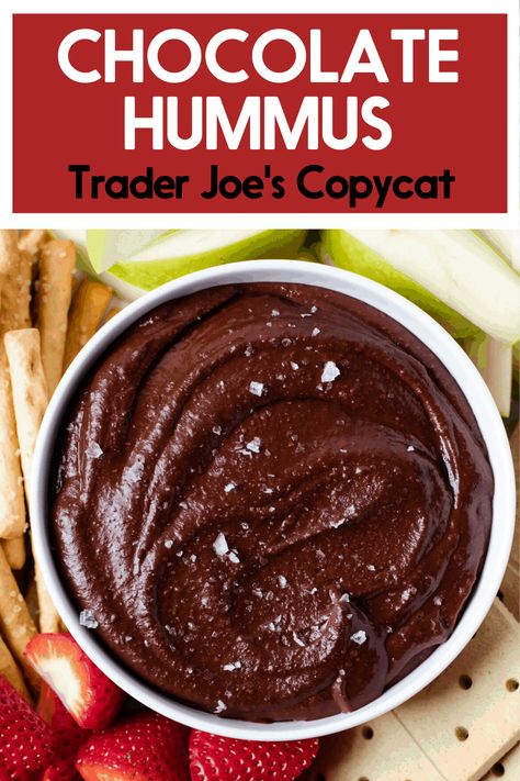 A dip that is both heart-healthy and delicious, this Chocolate Hummus is a sure hit! Nobody will know that this rich and chocolate-y dip is actually made from chickpeas! It is the perfect, easy-to-make, healthy snack that is made without gluten, dairy, or refined sugars. #chocolatehummus #traderjoesrecipes #healthydessert Quick Healthy No Bake Desserts, Chocolate Hummus Recipes Healthy, Sweet Hummus Recipe Healthy, Healthy Chocolate Hummus, Healthy Chocolate Dip, Chocolate Hummus Snacks, Chocolate Hummus Recipes, Desert Hummus, Hummus Chocolate