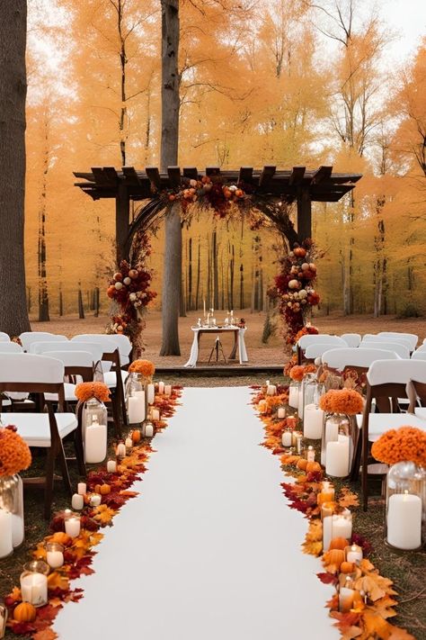 Outdoor Fall Wedding Altar, Fall Vowel Renewal Ideas, Outdoor Fall Wedding Ideas October Decor, Small October Wedding, November Wedding Ideas Decoration, Fall Wedding Vibes, Cheap Fall Wedding Ideas, Fall Wedding Arbor, Outside Fall Wedding