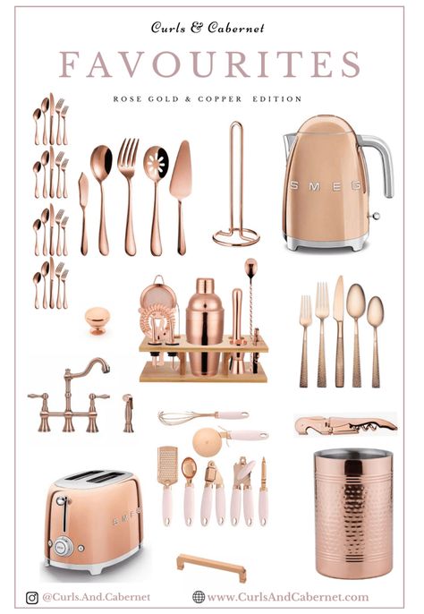 White Rose Gold Kitchen, Rose Gold Kitchen Ideas, Kitchen Rose Gold, Rose Gold Kitchen Accessories, Kitchen Brick, Rose Gold Flatware, Copper Kitchen Accessories, Gold Kitchen Accessories, Rose Gold Kitchen