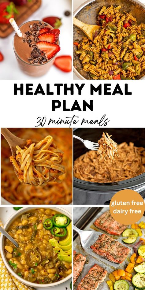 Gallery of photos for meal plan including a smoothie, two pasta recipes, a crockpot chicken, green chili and salmon. Simple Healthy Gluten Free Meals, Glp1 Meal Plan, Meal Planning Gluten Free, Gluten Free Diet Meal Plan, Meal Prep Gluten Free, Gluten Free Crock Pot Recipes, Crockpot Chicken Recipe, Free Weekly Meal Plan, Sheet Pan Salmon