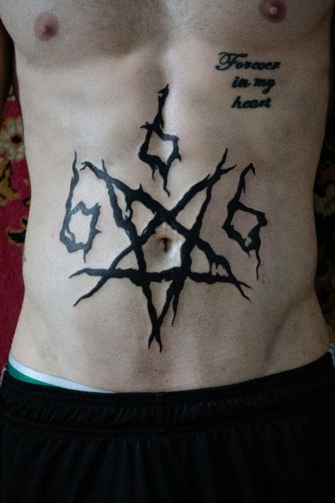 Demonic Tattoos Ideas, Masc Chest Tattoo, Satanic Tattoo Sleeve, Luciferian Tattoo, Alt Stomach Tattoos, Demonic Hand Tattoos, Goth Men Tattoo, Satanic Back Tattoo, Satanic Tattoo Demons