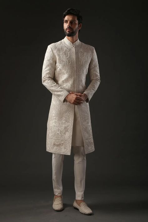 Buy Rohit Bal Ivory Matka Silk Embroidered Sherwani Online | Aza Fashions Embroidered Sherwani For Men, Sherwani Pattern For Men, Ivory Sherwani Grooms, Groom Indian Wedding Outfits, Traditional Indian Mens Clothing, Grooms Outfit, Indian Groom Dress, Indian Jackets, Groom Sherwani