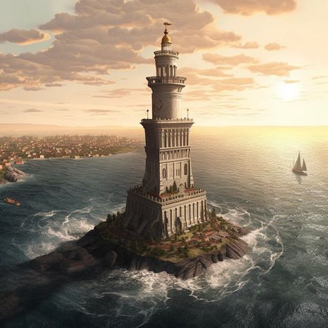 Aesthetica on Twitter: "The Lighthouse of Alexandria https://t.co/6DuckA1l1b" / Twitter Lighthouse Of Alexandria Art, Great Library Of Alexandria, Ancient Lighthouse, Alexandria Lighthouse, Lighthouse Of Alexandria, Scatter Brain, Ancient Alexandria, Greek Church, Alexandria City